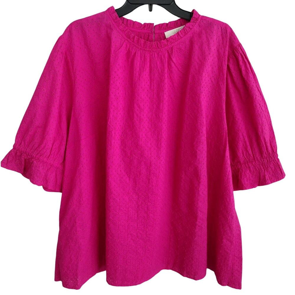 LOFT Plus NEW Magenta Eyelet 1/2 Sleeve Ruffle Accent Cotton Top Women's 26